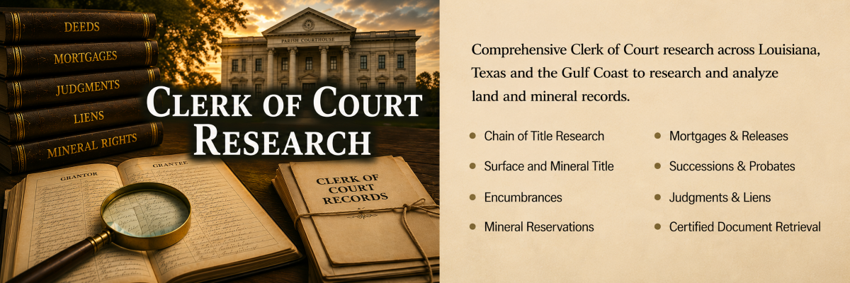 Professional courthouse research including deeds, mortgages, conveyances, mineral ownership, easements, successions, and certified document retrieval.